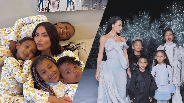 Kim Kardashian posing with her four children in matching pyjamas on a couch in one photo, and in another photo, she stands elegantly in a blue gown while her children pose beside her in a snowy, festive background.
