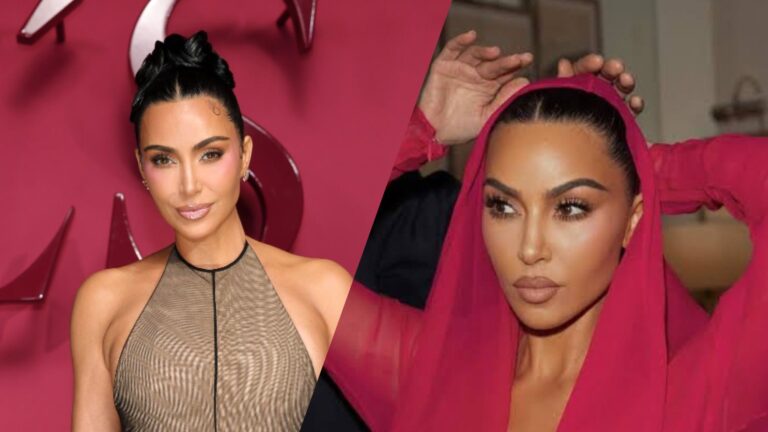 “Side-by-side photos of Kim Kardashian; the left image shows her posing on a pink carpet in a sleeveless beige dress with her hair styled in an updo, while the right image shows her wearing a red hooded outfit, adjusting the hood with both hands.”