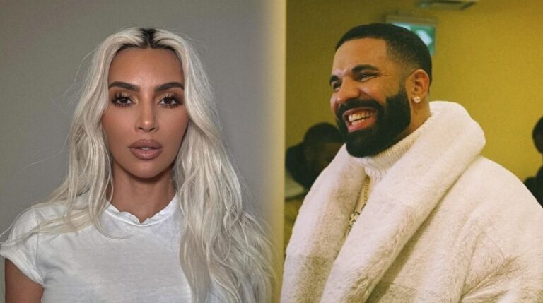 Kim Kardashian poses in a white T-shirt with long platinum-blonde hair, while Drake smiles in a white fur coat in a separate side-by-side image.