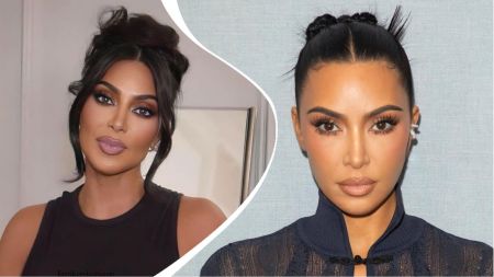 Side-by-side photo collage of Kim Kardashian wearing two different glam looks, one with a loose updo and the other with a sleek bun, both featuring full makeup and neutral-toned lipstick.