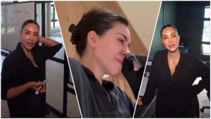 A collage of three images showing Kim Kardashian studying for the bar exam — one of her holding a marker near a whiteboard, another crying during an emotional moment, and the third speaking in a study room, all wearing a black outfit.