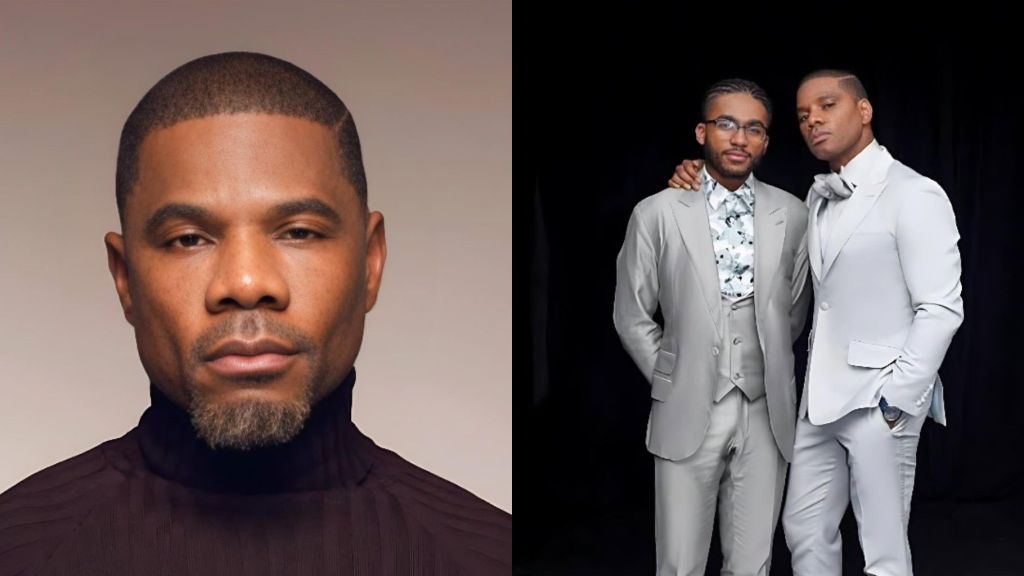 Side-by-side photos of gospel singer Kirk Franklin; on the right, he poses with his son Kerrion Franklin, both dressed in matching light suits.