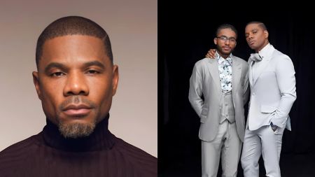 Side-by-side photos of gospel singer Kirk Franklin; on the right, he poses with his son Kerrion Franklin, both dressed in matching light suits.