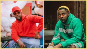 Nigerian singer Kizz Daniel pictured in two different casual outfits — one wearing a red hoodie and cap, and another in a green tracksuit with a yellow beanie and orange-tinted glasses.