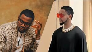 Side-by-side photos of Nigerian singer Kizz Daniel — one showing him in a patterned suit holding a glass, and the other in casual black attire with red sunglasses
