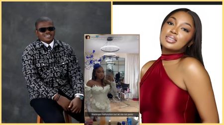 Side-by-side collage showing BBNaija stars Kuture and Mide. On the left, Kuture poses in a black patterned outfit and sunglasses, while Mide appears on the right wearing a red halter dress. The centre inset shows a screenshot of Mide’s Snapchat post where she wrote “Waldrope malfunction but let me not panic.”