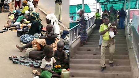A group of women and children sit on a roadside in Lagos while begging, and a task force officer carries a small child down a pedestrian bridge during an enforcement operation.