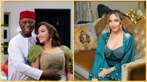 Side-by-side photo collage showing Nigerian politician Ned Nwoko happily holding his wife Regina Daniels on the left, and his Moroccan wife Laila Charani sitting on a couch in a teal outfit on the right.