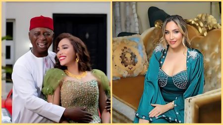 Side-by-side photo collage showing Nigerian politician Ned Nwoko happily holding his wife Regina Daniels on the left, and his Moroccan wife Laila Charani sitting on a couch in a teal outfit on the right.