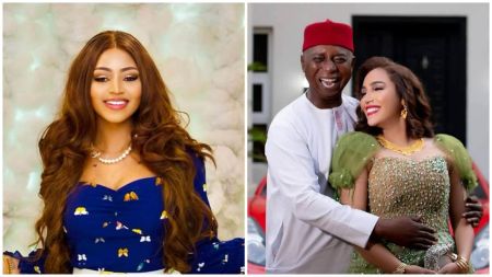 Side-by-side collage showing Regina Daniels smiling in a blue floral dress on the left, and on the right, Senator Ned Nwoko happily holding his wife Laila Charani as they smile together outdoors.