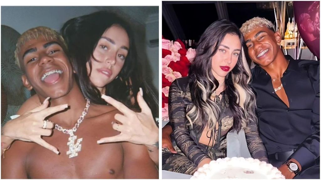 Side-by-side photos of Lamine Yamal and Argentine singer Nicki Nicole; on the left they pose playfully with Yamal shirtless and smiling, on the right they sit close together at a table, dressed up, smiling in front of pink-and-red flowers.