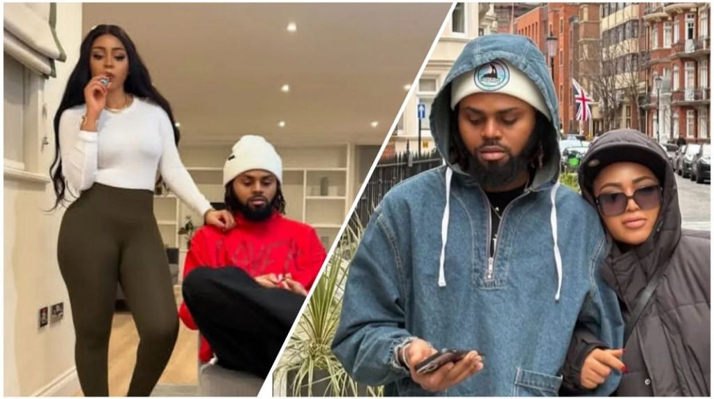 Regina Daniels standing beside her brother Lawrence in two different photos, one indoors and one outdoors, both showing them together in casual outfits.