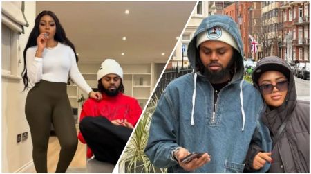 Regina Daniels standing beside her brother Lawrence in two different photos, one indoors and one outdoors, both showing them together in casual outfits.