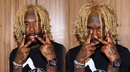 Side-by-side photos of Lil Uzi Vert posing with blond dreadlocks, facial piercings, and hand tattoos while holding up two fingers near their face against a wooden background.