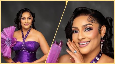 Side-by-side collage of Nollywood actress Lilian Bach in a purple strapless dress with floral detailing, posing against a dark studio background, smiling with soft glam makeup and styled wavy hair.