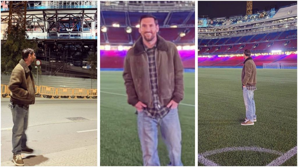 Lionel Messi seen during a quiet night visit to the under-construction Spotify Camp Nou, standing outside and later on the pitch, wearing a brown jacket, checked shirt, and jeans.