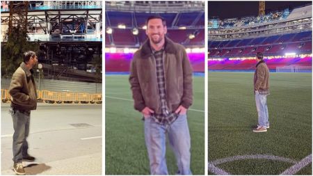 Lionel Messi seen during a quiet night visit to the under-construction Spotify Camp Nou, standing outside and later on the pitch, wearing a brown jacket, checked shirt, and jeans.