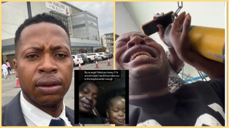 Collage showing Nigerian activist Livinus in three emotional moments: a selfie taken outdoors, a photo of him holding his young daughter, and a heartbreaking scene of him crying in a hospital while holding an oxygen cylinder.
