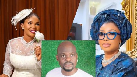A collage showing Iyabo Ojo smiling in a white lace outfit on the left, Baba Ijesha in the centre against a green background, and Lizzy Anjorin on the right wearing a blue gele and glasses.
