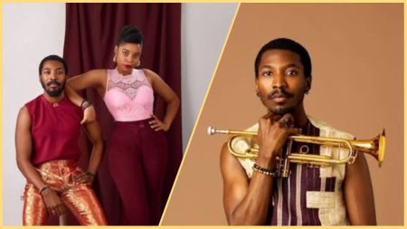 Side-by-side collage showing Nigerian musician Made Kuti posing with his wife Nedo in coordinated outfits on the left, and Made Kuti holding a trumpet in a solo portrait on the right.
