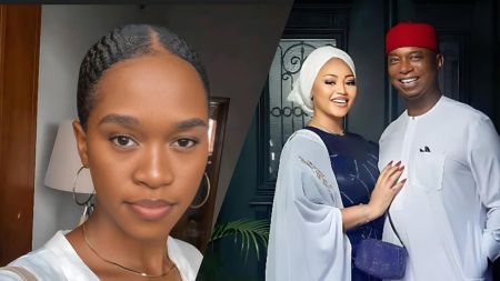 A split image showing skitmaker Maraji on the left in a close-up selfie, with braided hair and hoop earrings, and on the right a portrait of Regina Daniels standing beside her husband, Senator Ned Nwoko, both dressed in white traditional attire and smiling