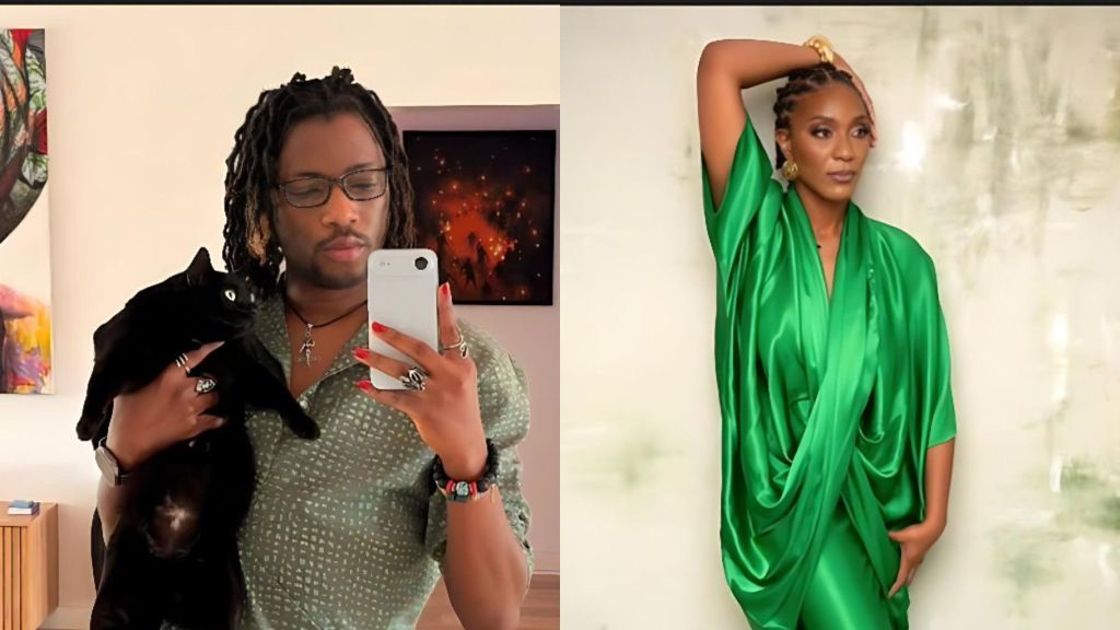 Side-by-side photos of Max Obae and Ezra Olubi. On the left, Ezra Olubi takes a mirror selfie while holding a black cat, wearing glasses and a patterned top. On the right, Max Obae poses in a green satin outfit with one hand raised to her head.