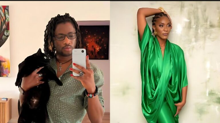 Side-by-side photos of Max Obae and Ezra Olubi. On the left, Ezra Olubi takes a mirror selfie while holding a black cat, wearing glasses and a patterned top. On the right, Max Obae poses in a green satin outfit with one hand raised to her head.