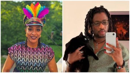 Split image — left, Max Obae smiling outdoors in a rainbow-sequined top and feathered cap; right, Ezra Olubi taking a mirror selfie while holding a black cat.