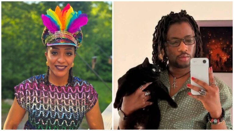 Split image — left, Max Obae smiling outdoors in a rainbow-sequined top and feathered cap; right, Ezra Olubi taking a mirror selfie while holding a black cat.
