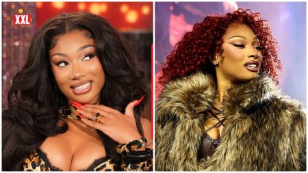 Side-by-side collage of Megan Thee Stallion; left image shows her smiling with long black wavy hair and leopard-print outfit, while the right image shows her performing in a curly red hairstyle and fur coat.