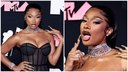 Megan Thee Stallion poses on the red carpet in a black strapless gown, wearing a sparkling choker necklace and long metallic nails. The second image shows her close-up with glossy makeup and styled hair as she gestures playfully toward the camera.