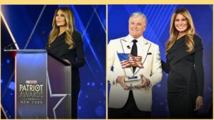 Side-by-side photos of former U.S. First Lady Melania Trump at the Fox Nation Patriot Awards in New York — one showing her speaking at a podium, and the other posing with Fox News host Sean Hannity, who is holding a trophy with an American flag.