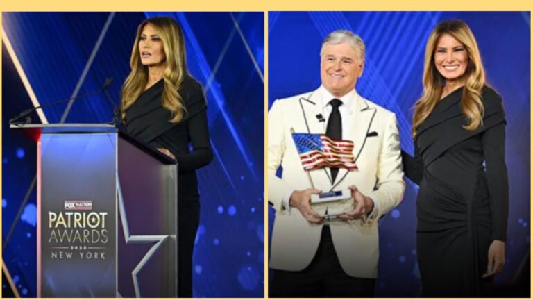 Side-by-side photos of former U.S. First Lady Melania Trump at the Fox Nation Patriot Awards in New York — one showing her speaking at a podium, and the other posing with Fox News host Sean Hannity, who is holding a trophy with an American flag.