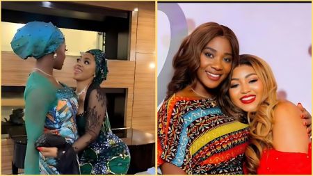 Side-by-side photos of Nollywood actresses Mercy Johnson and Regina Daniels sharing warm hugs at different events, dressed in colourful traditional and modern outfits.