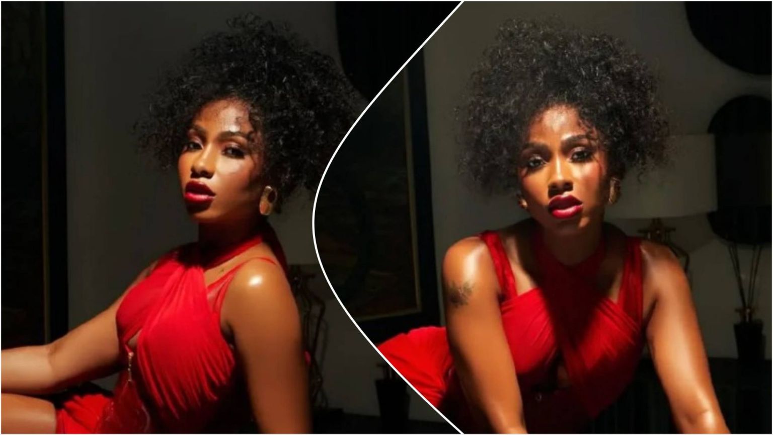 A portrait of Mercy Eke wearing a red dress, posing indoors under warm lighting, with curly hair and bold makeup in two side-by-side images.
