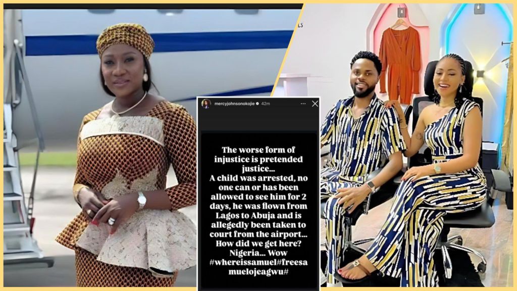 Collage showing Mercy Johnson in a patterned peplum dress standing beside an aircraft, a screenshot of her Instagram story calling for the release of Regina Daniels’ brother Sammy, and a photo of Regina Daniels sitting beside her brother Sammy West in matching outfits.