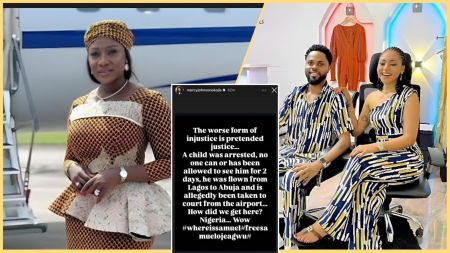 Collage showing Mercy Johnson in a patterned peplum dress standing beside an aircraft, a screenshot of her Instagram story calling for the release of Regina Daniels’ brother Sammy, and a photo of Regina Daniels sitting beside her brother Sammy West in matching outfits.
