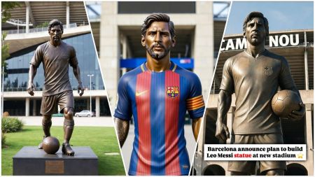 A collage of three images showing detailed bronze-style statues of Lionel Messi in different poses, all placed in front of stadium backdrops, including the Spotify Camp Nou.