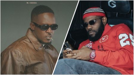 Nigerian rappers MI Abaga and Odumodu Blvck in a split-frame photo, MI in a brown leather jacket and dark shades on the left, Odumodu Blvck in a red cap and red jacket using his phone on the right.