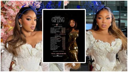 A collage featuring BBNaija star Mide dressed in an elegant white floral gown with a blue artistic headpiece. At the centre of the collage is a black “Gifting List” poster showing a detailed breakdown of cash and item gifts worth ₦22 million from her fans. The surrounding images show Mide posing in front of floral décor and a glass-panelled background.