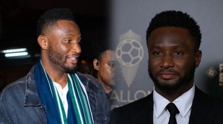A side-by-side collage of John Obi Mikel, showing him in two different settings: on the left, he is smiling while wearing a jacket and a green-and-white scarf; on the right, he is dressed in a dark suit and tie, posing against a backdrop with a football-themed design.
