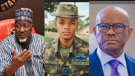 Minister Mohammed Badaru, naval officer Lieutenant A.M. Yerima, and FCT Minister Nyesom Wike pictured side by side in a composite image.