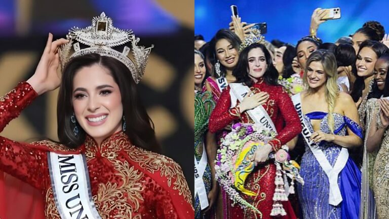 Miss Mexico, wearing a red and gold gown and a large crown, smiles as she adjusts her crown; in the second frame she stands on stage holding flowers while other contestants gather around her and celebrate.