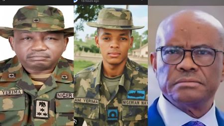 Side-by-side photos showing former Nigerian Army spokesperson General Mohammed M. Yerima, naval officer A.M. Yerima, and Federal Capital Territory Minister Nyesom Wike.
