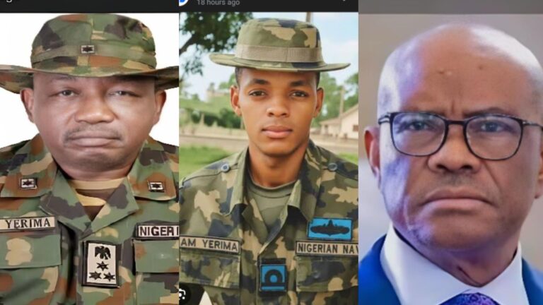 Side-by-side photos showing former Nigerian Army spokesperson General Mohammed M. Yerima, naval officer A.M. Yerima, and Federal Capital Territory Minister Nyesom Wike.