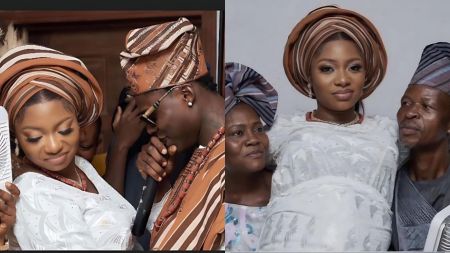 A collage showing late singer Mohbad and his wife Wunmi dressed in traditional brown-and-white Yoruba attire during their ceremony, alongside a second photo of Wunmi standing with two older family members.
