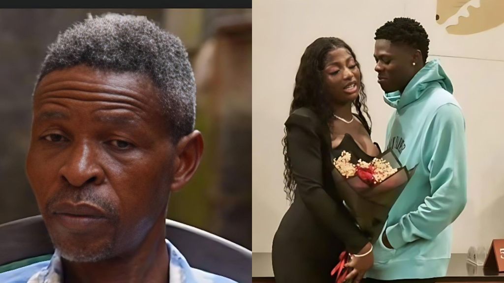 Side-by-side image showing Mohbad’s father, Joseph Aloba, looking serious in a close-up shot on the left, and on the right, a photo of Mohbad and Wunmi standing together as she holds a bouquet of flowers.