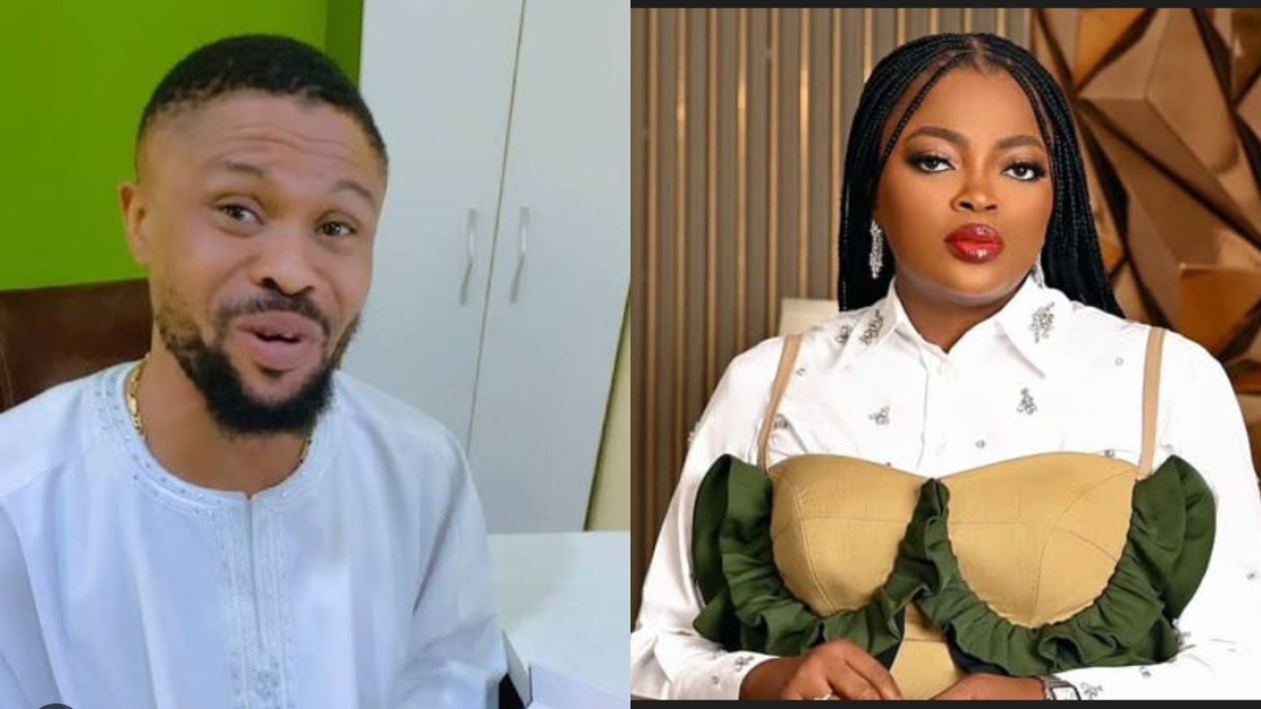 side-by-side photo showing actor Monsuru Ayanfe on the left, wearing a white outfit and speaking with an expressive look, and filmmaker Funke Akindele on the right, dressed in a white blouse with a tan and green corset-style top, posing indoors.