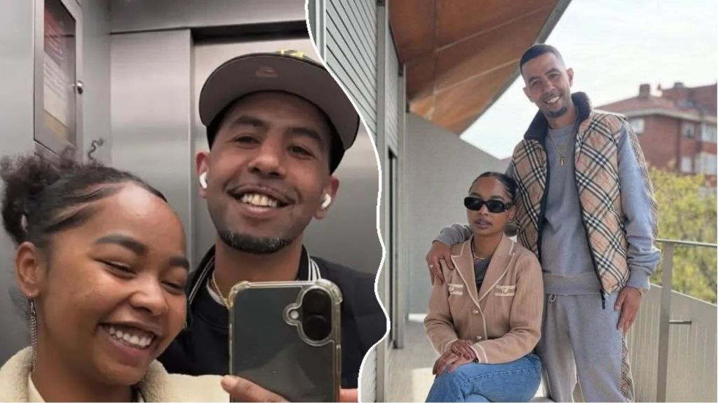 Side-by-side photos of Mounir Nasraoui smiling with his 23-year-old girlfriend Khristina; one shot shows them taking a mirror selfie in an elevator, while the other shows them posing together on a balcony, with Nasraoui standing and Khristina seated in sunglasses.
