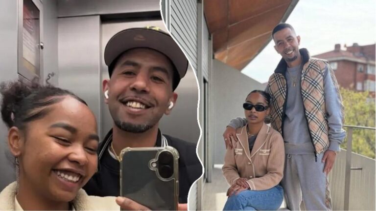 Side-by-side photos of Mounir Nasraoui smiling with his 23-year-old girlfriend Khristina; one shot shows them taking a mirror selfie in an elevator, while the other shows them posing together on a balcony, with Nasraoui standing and Khristina seated in sunglasses.